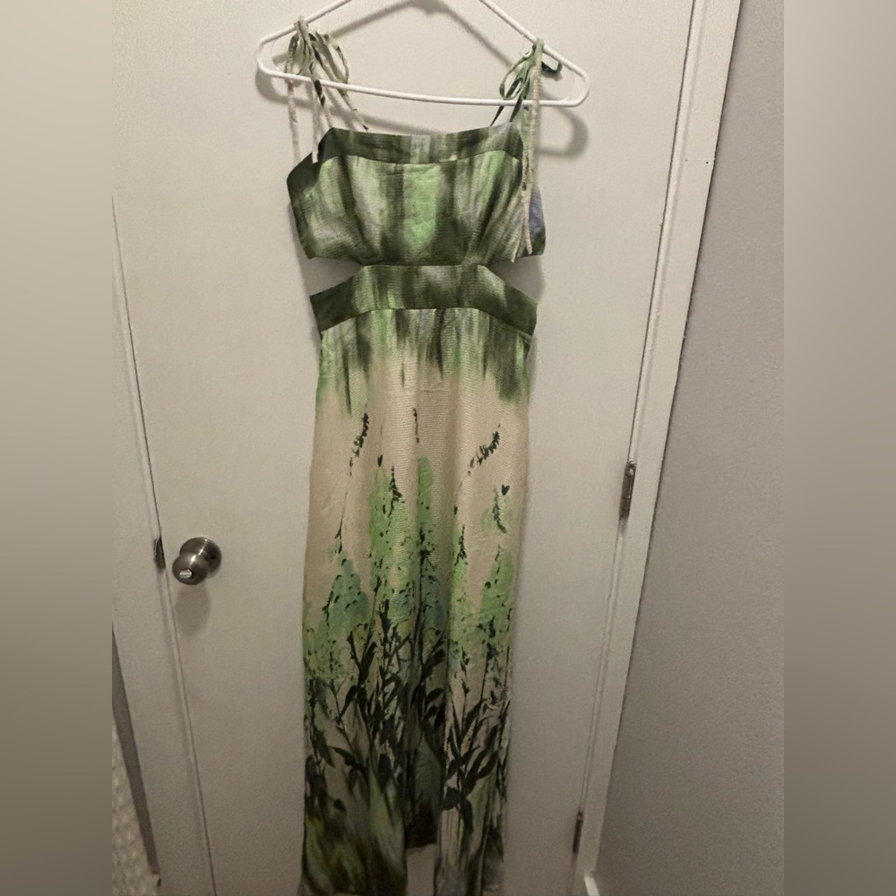 Green and Cream Women's Dress by Farm Rio. Straps on top with lace.
